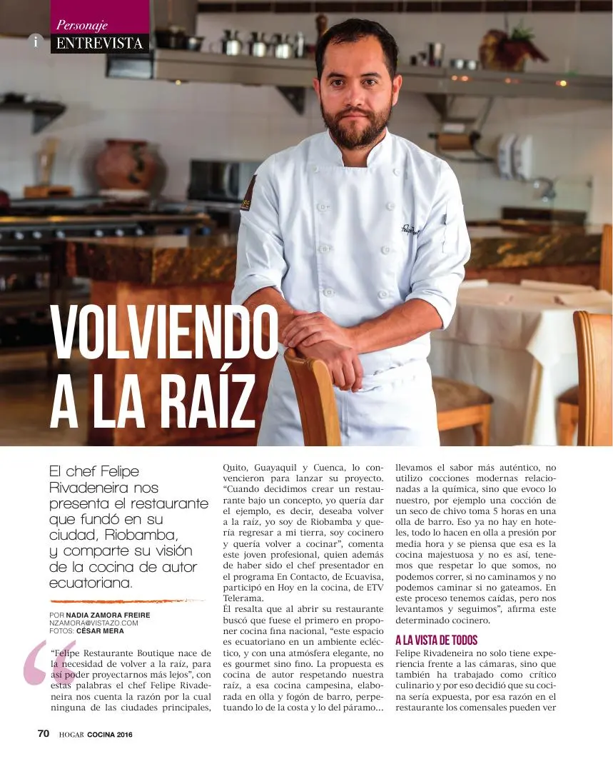 Entrevista Volviendo a la raíz a Felipe Rivadeneira en revista Hogar, 2016